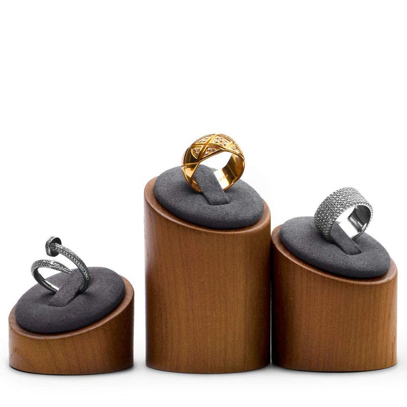 Oirlv Solid Wood 3 Pcs Ring Display Stand Showcase Jewelry Organizer Holder for Rings Trade Show Countertop Ring Bearer(Grey) - Image 4